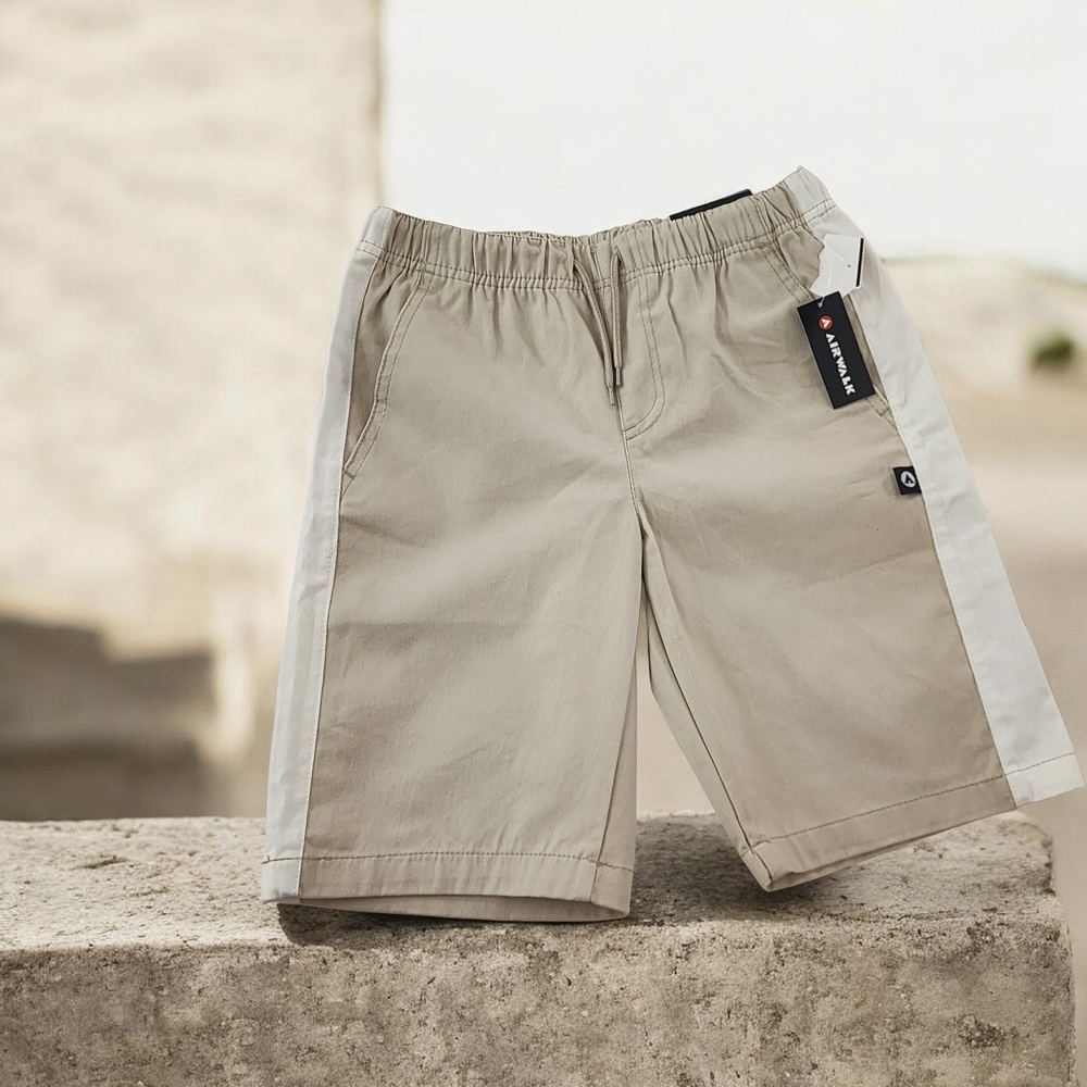 NWT Airwalk Boys Khaki Tan Shorts with White Side Stripes - Size 14